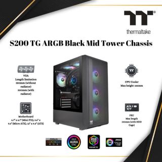 Thermaltake S200 TG ARGB Mid Tower Chassis | BLACK  | Computer CASE   | CA-1X2-00M1WN-00